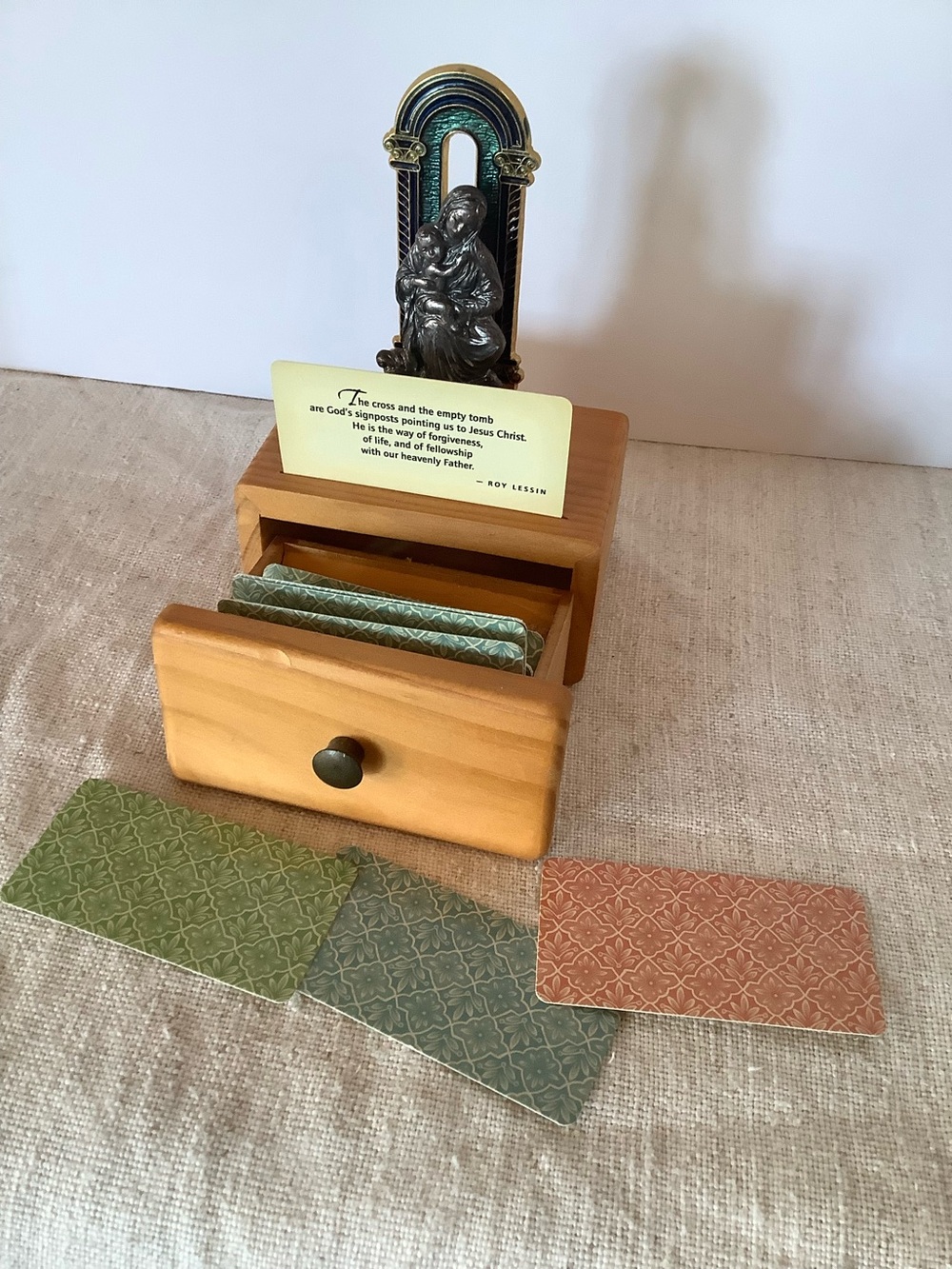 Vintage Daily Devotional Enamel Virgin & Child Prayer Card Box and Stand